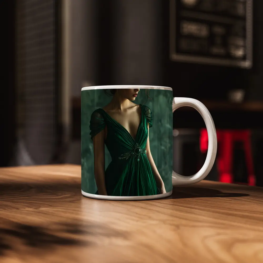 Woman Green Gown Elegant Dark Teal Background – Mugs