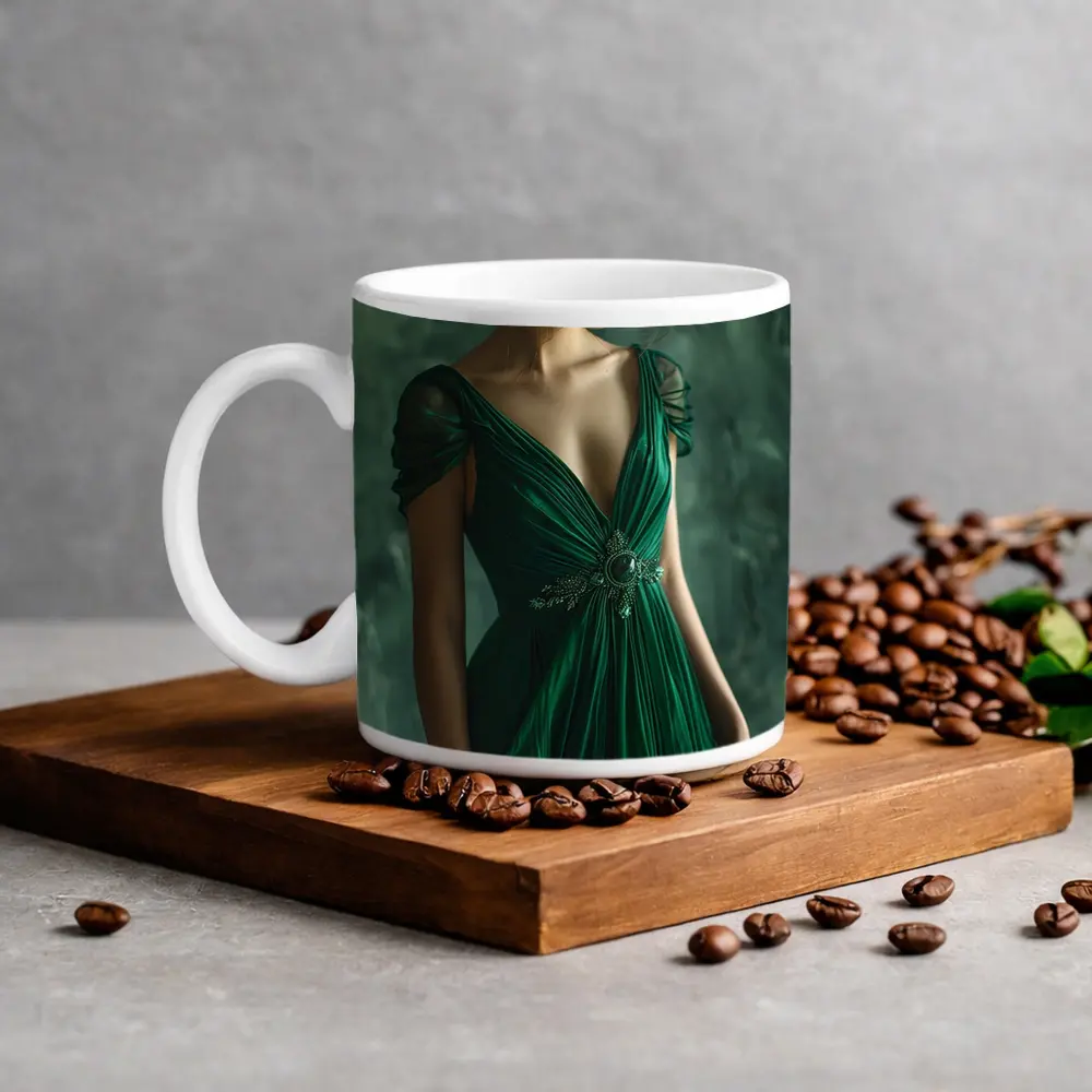 Woman Green Gown Elegant Dark Teal Background – Mugs