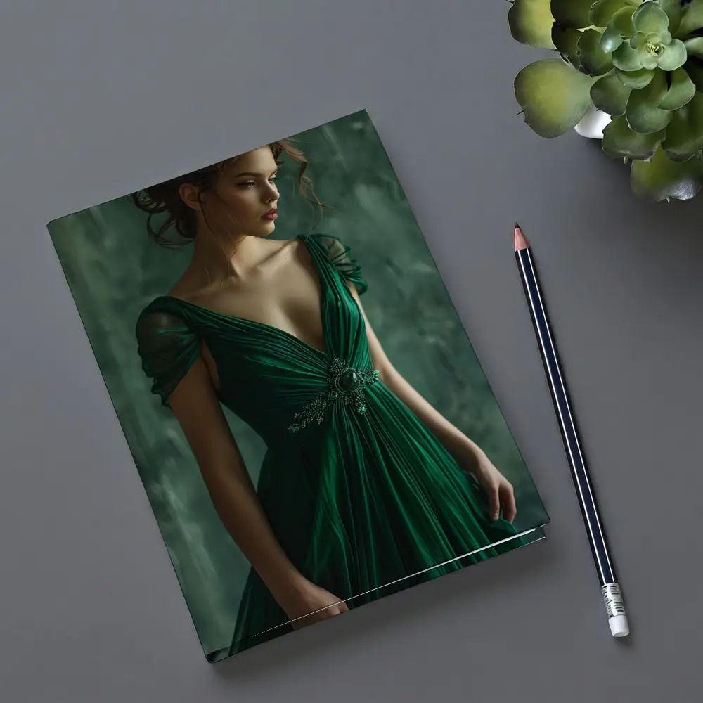 Woman Green Gown Elegant Dark Teal Background – Notebooks