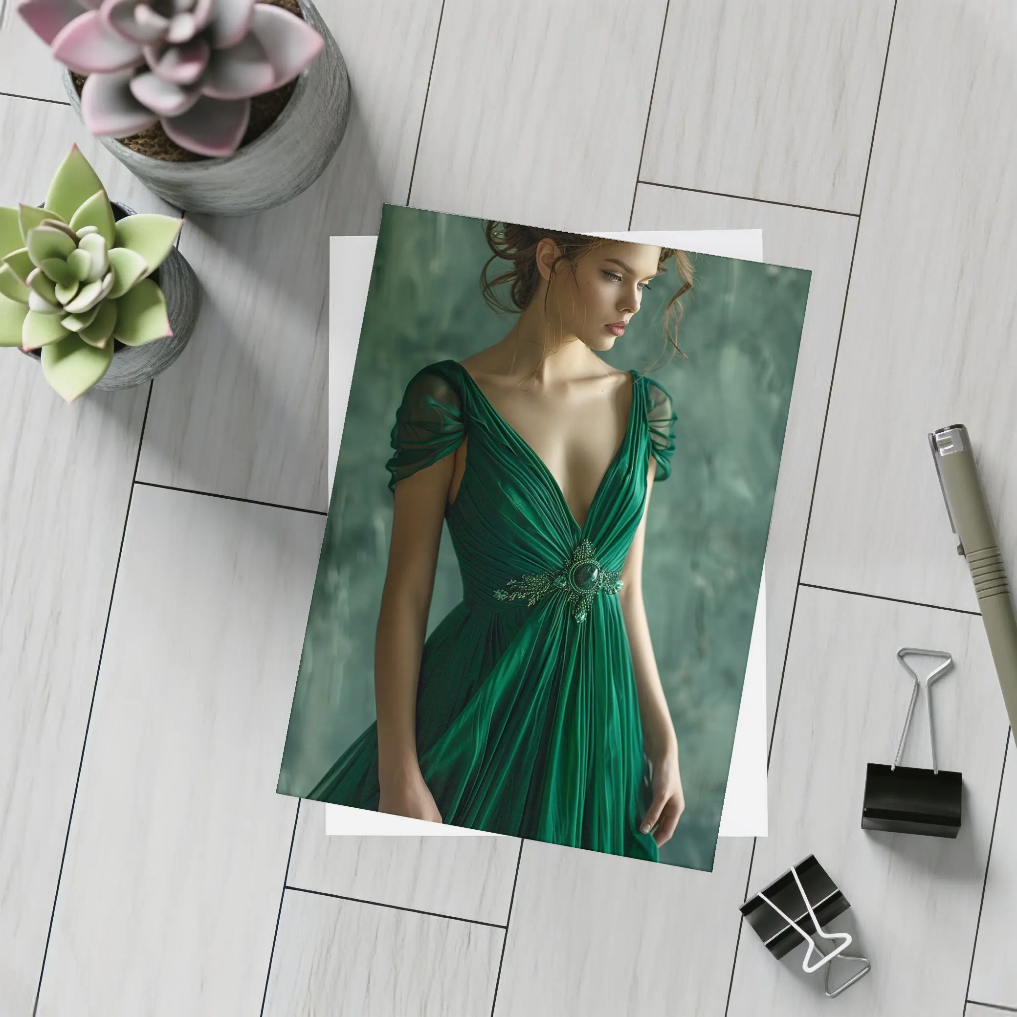 Woman Green Gown Elegant Dark Teal Background – Postcards