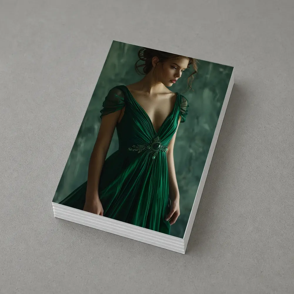 Woman Green Gown Elegant Dark Teal Background – Postcards