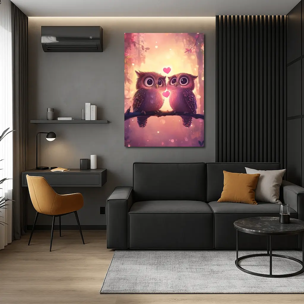 Cute Owl Couple Hearts Fantasy Forest – Wall Art