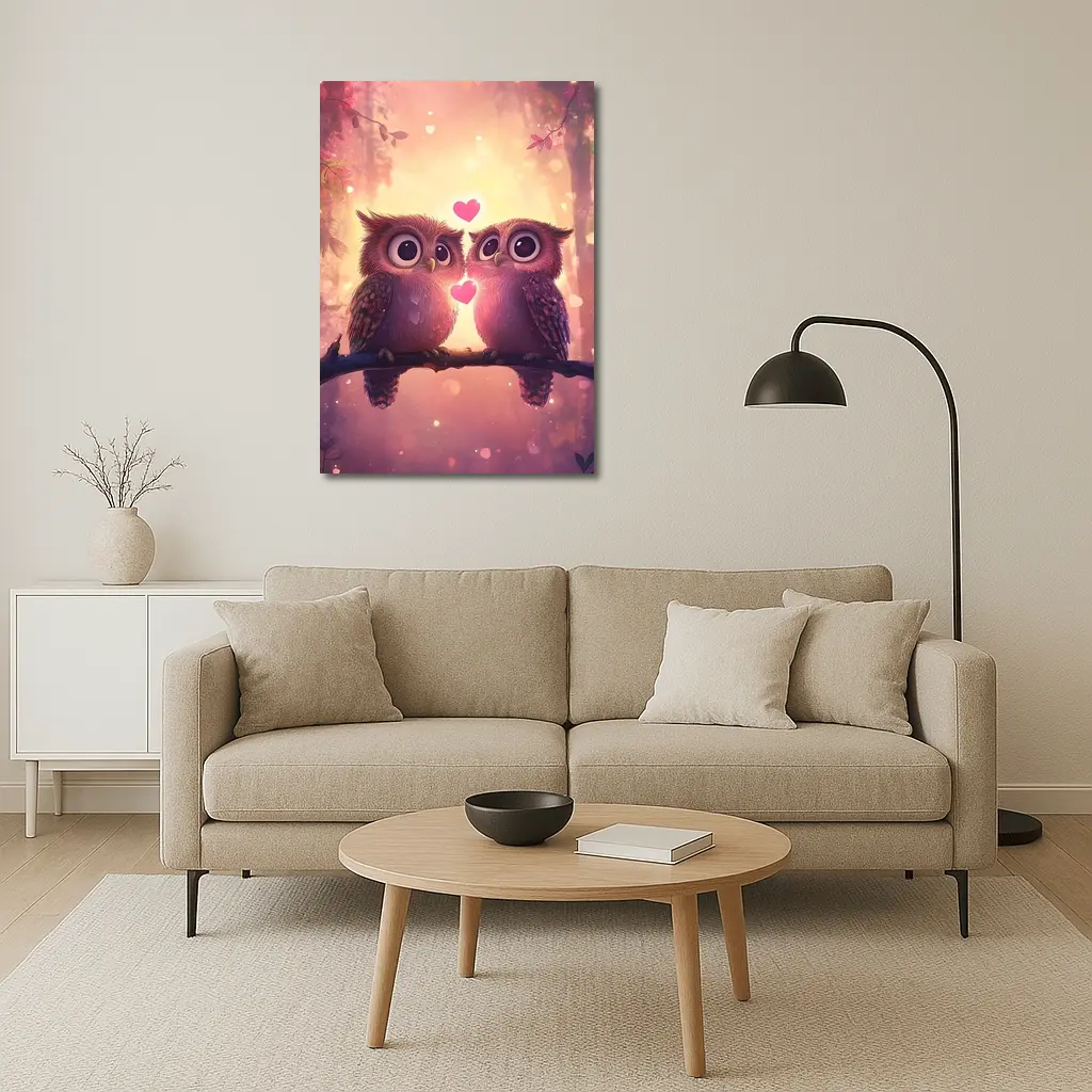 Cute Owl Couple Hearts Fantasy Forest – Wall Art