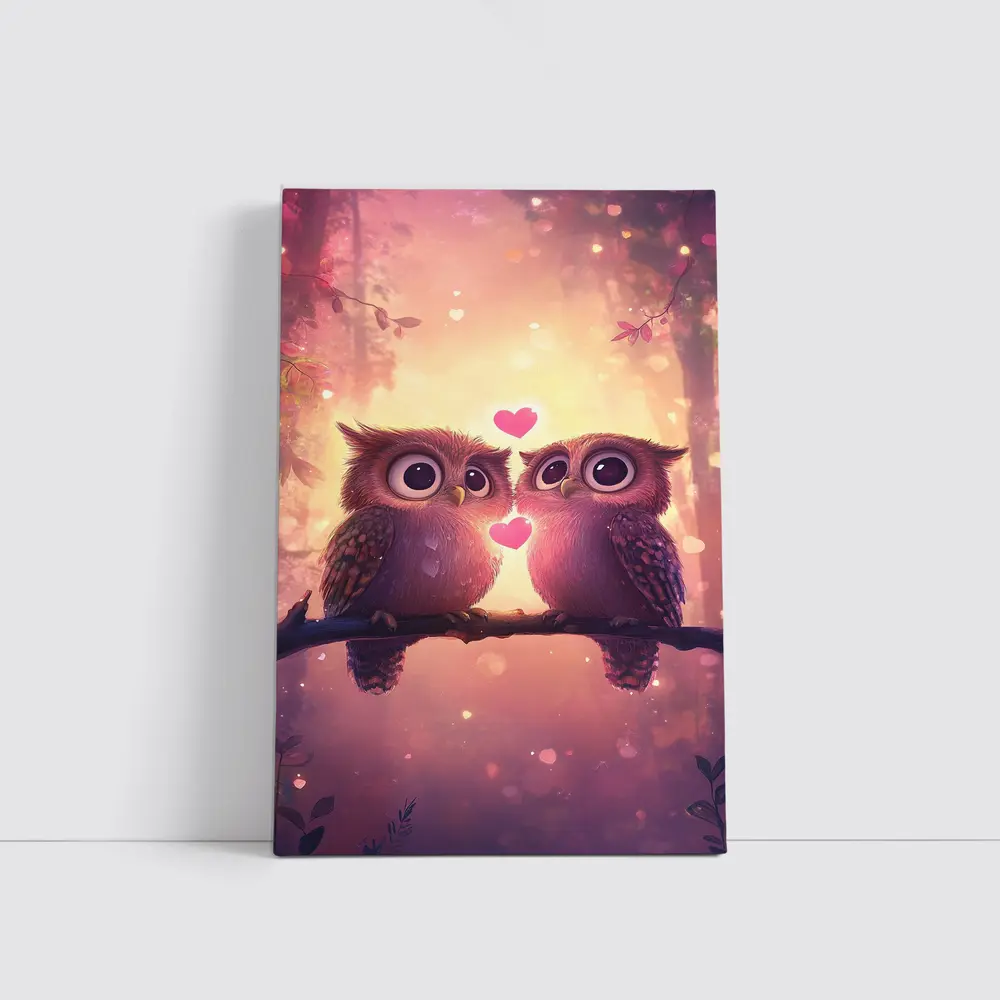 Cute Owl Couple Hearts Fantasy Forest – Wall Art