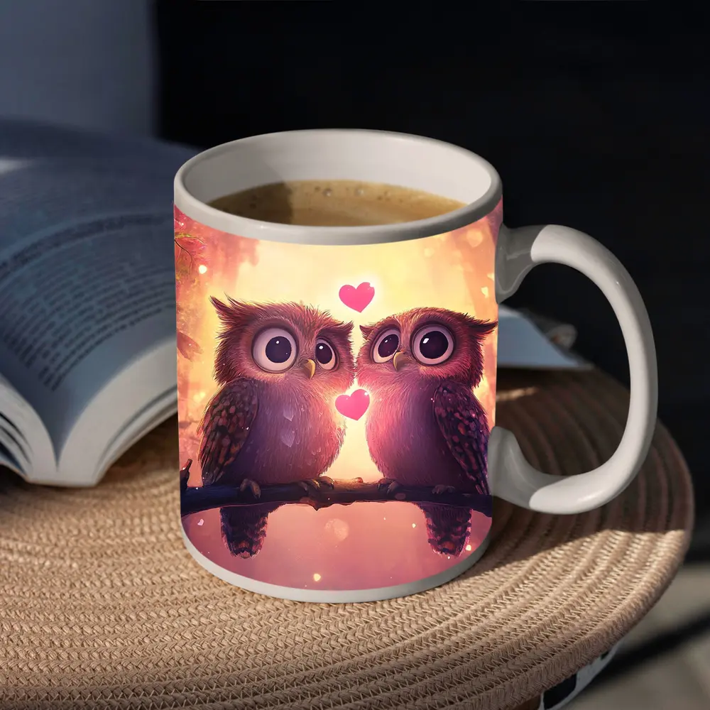 Cute Owl Couple Hearts Fantasy Forest – Mugs