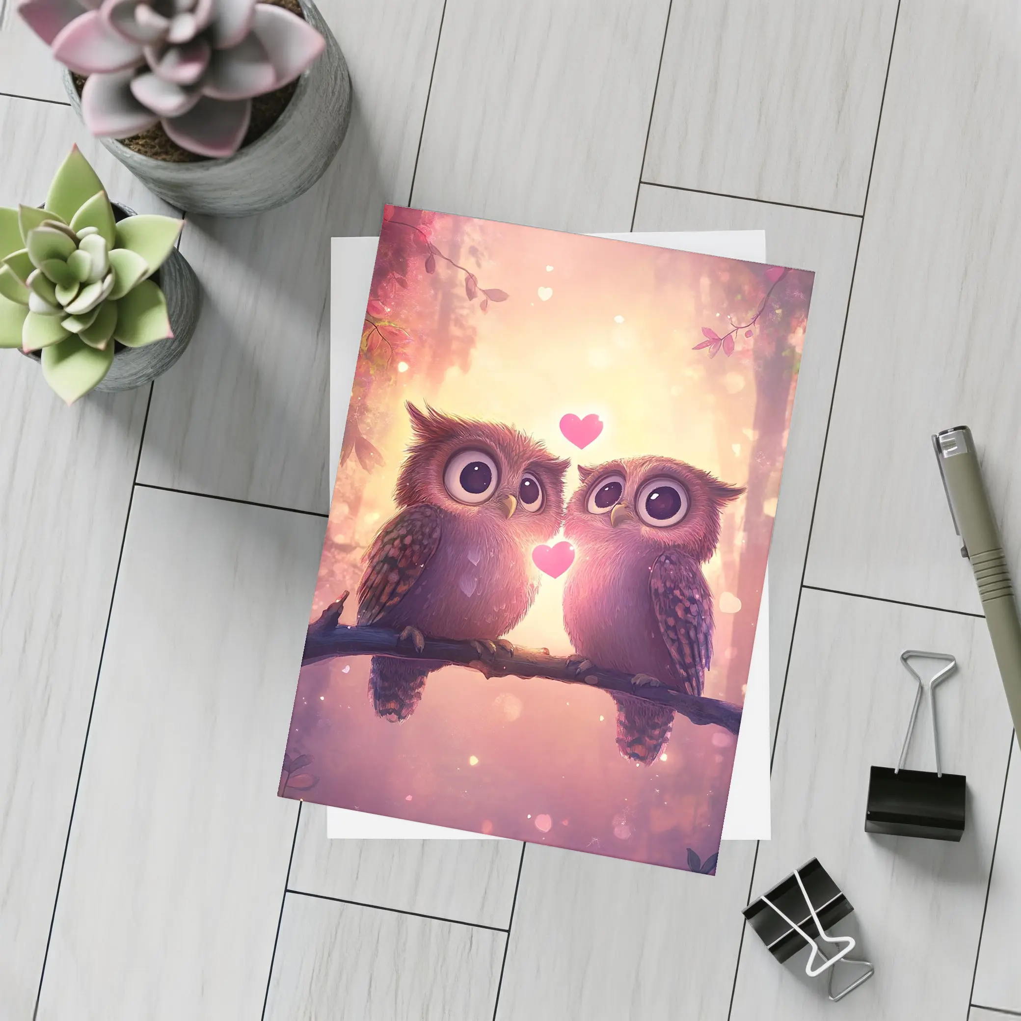 Cute Owl Couple Hearts Fantasy Forest – Postcards