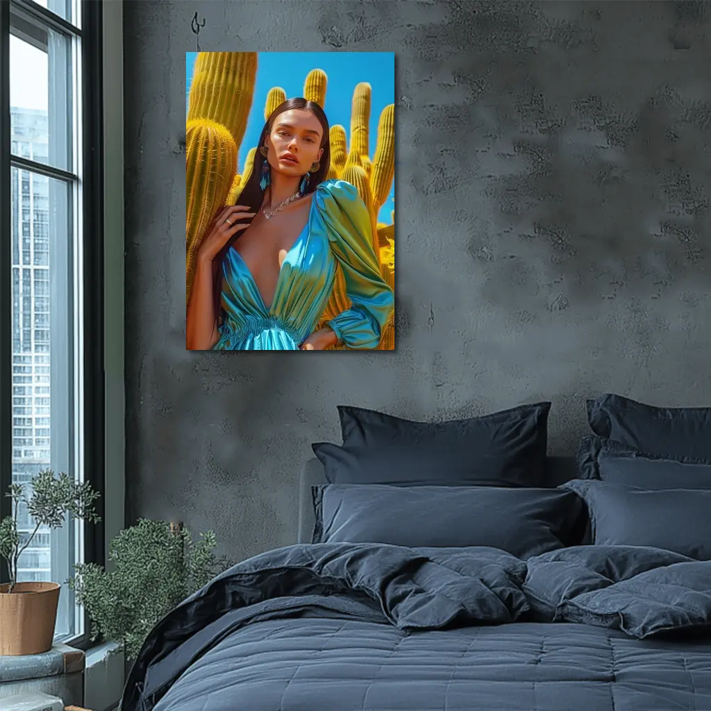 Woman Blue Satin Dress Desert Cactus – Wall Art
