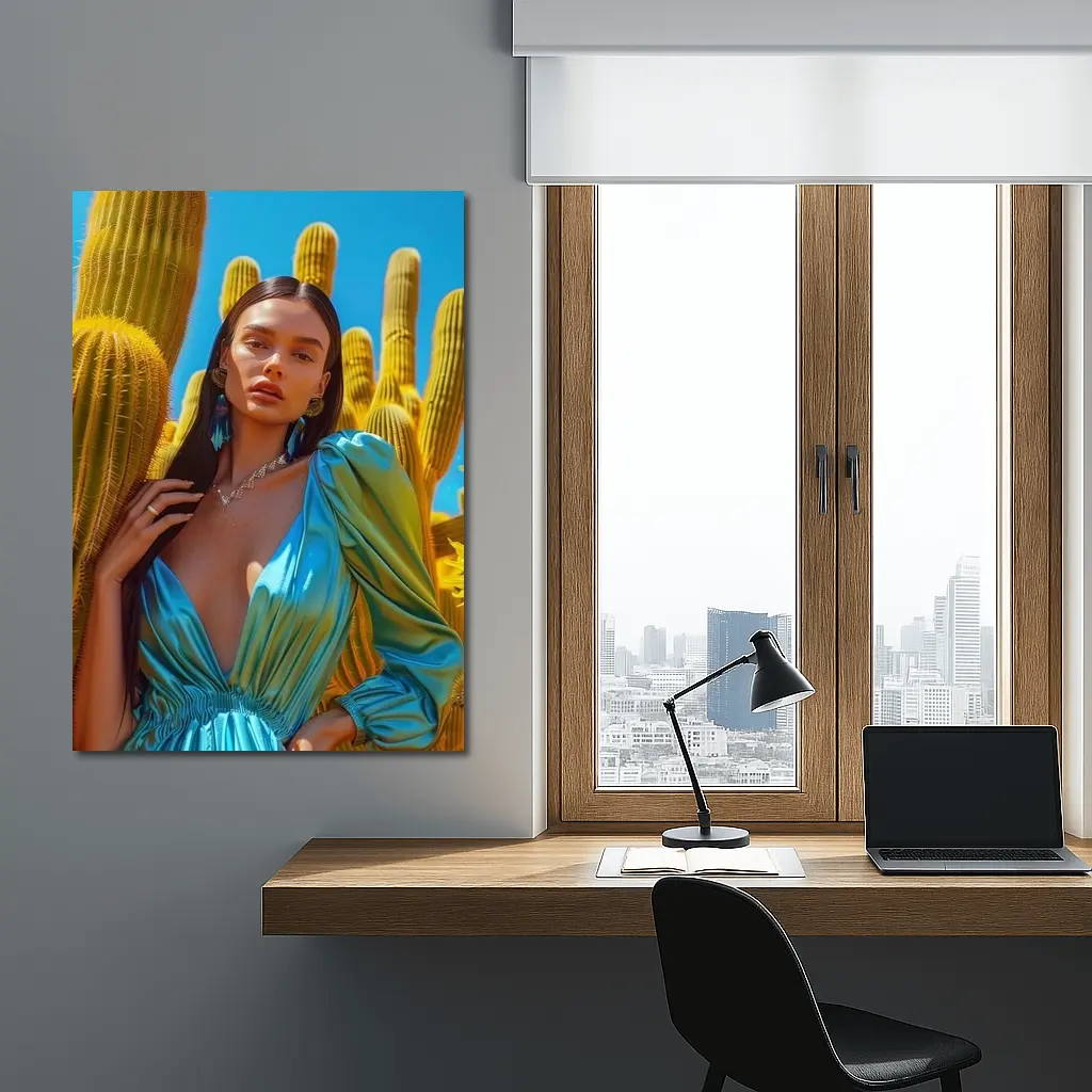 Woman Blue Satin Dress Desert Cactus – Wall Art