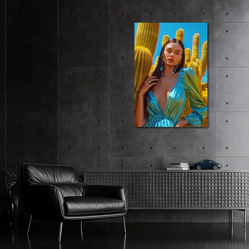 Woman Blue Satin Dress Desert Cactus – Wall Art