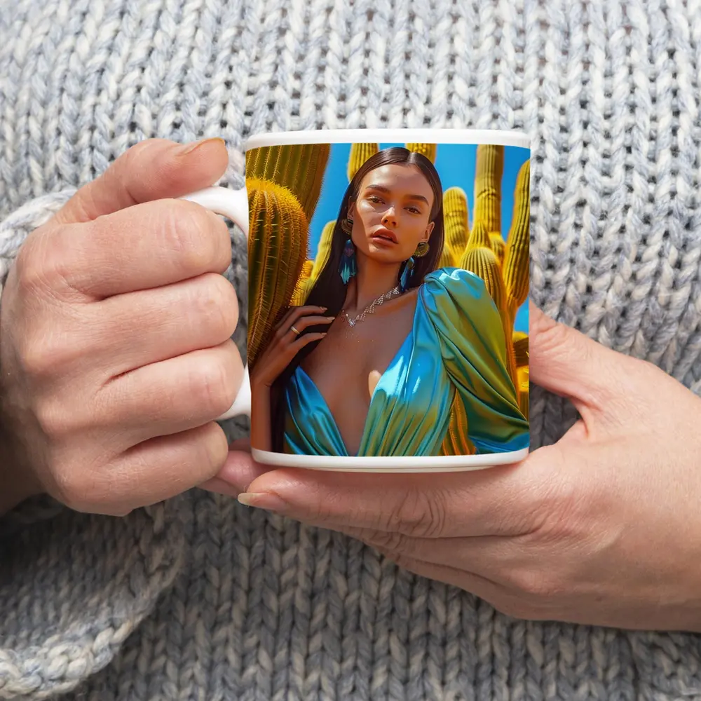 Woman Blue Satin Dress Desert Cactus – Mugs