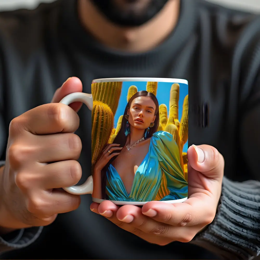 Woman Blue Satin Dress Desert Cactus – Mugs