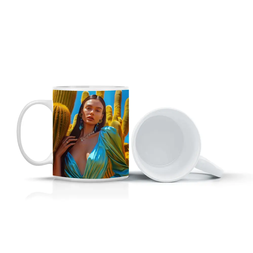 Woman Blue Satin Dress Desert Cactus – Mugs