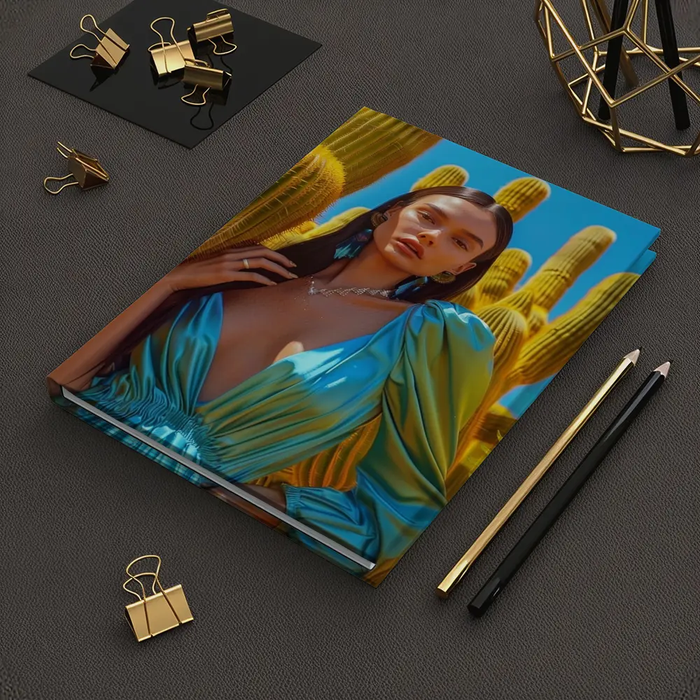 Woman Blue Satin Dress Desert Cactus – Notebooks
