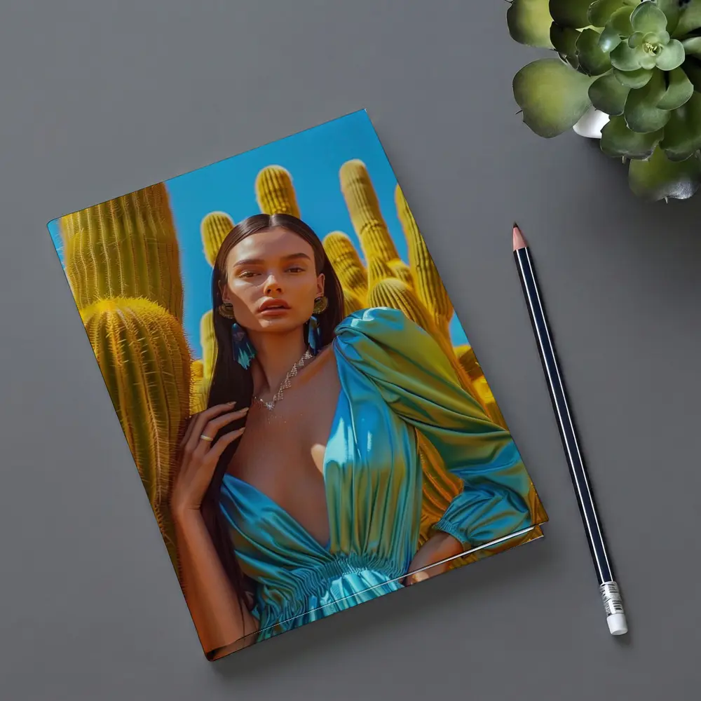Woman Blue Satin Dress Desert Cactus – Notebooks