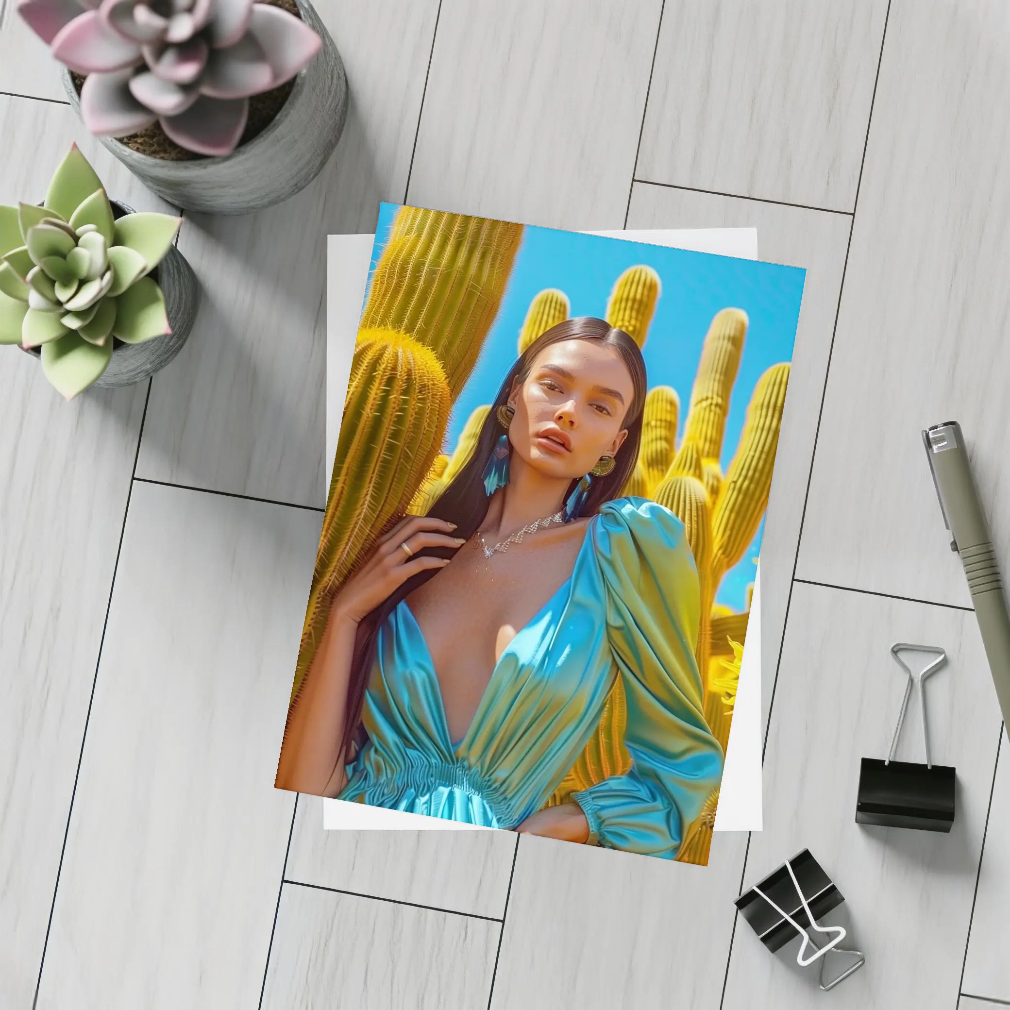 Woman Blue Satin Dress Desert Cactus – Postcards