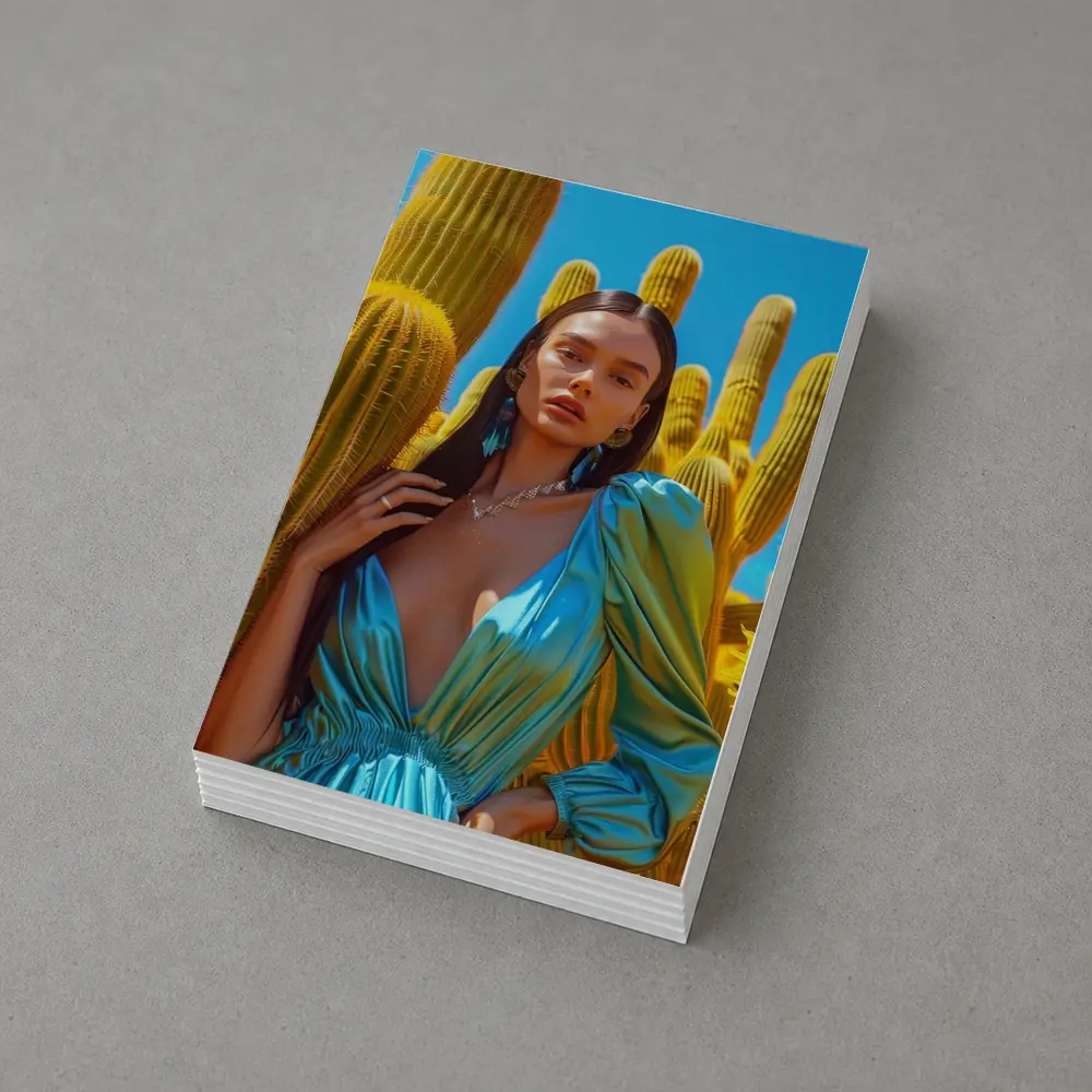 Woman Blue Satin Dress Desert Cactus – Postcards