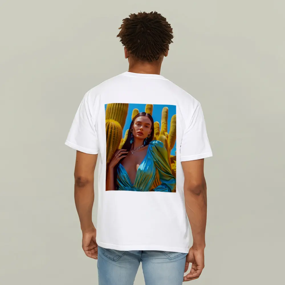 Woman Blue Satin Dress Desert Cactus – T-Shirts