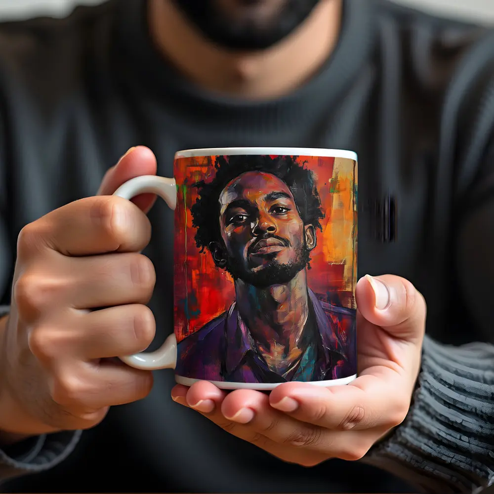Young Black Man Portrait Abstract Painted Background – Mugs