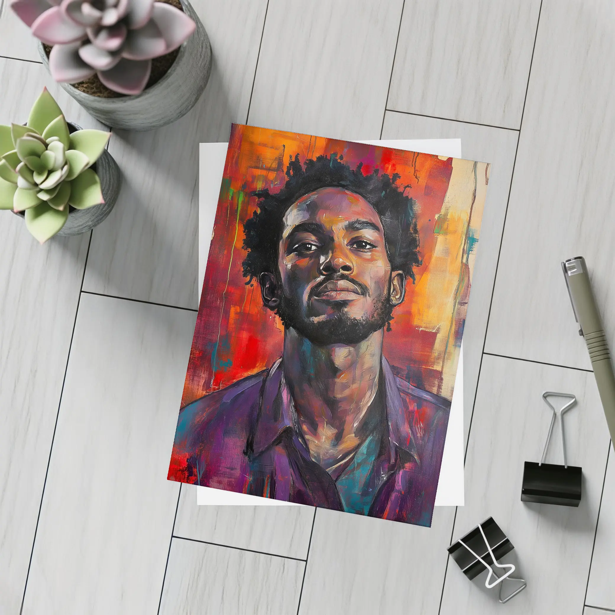 Young Black Man Portrait Abstract Painted Background – Postcards