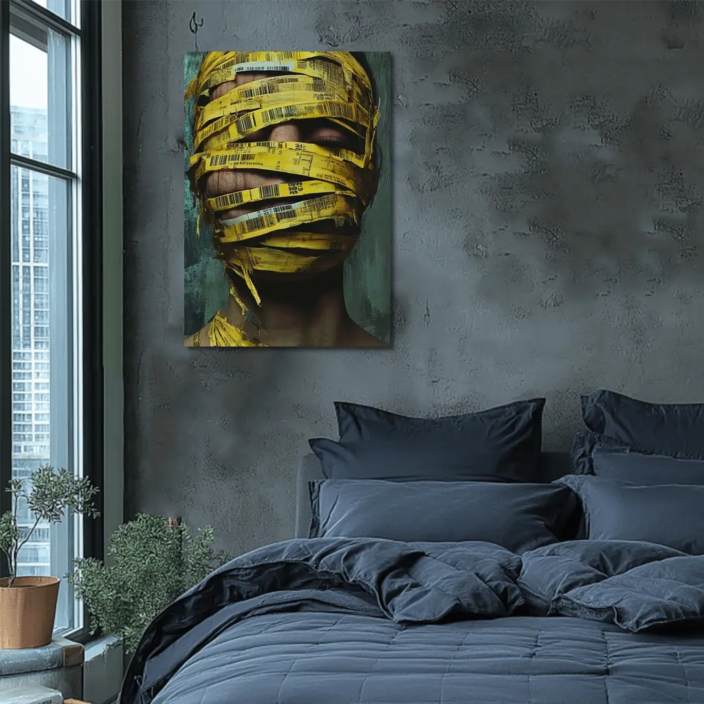 Woman Face Wrapped Yellow Barcode Tape Art – Wall Art