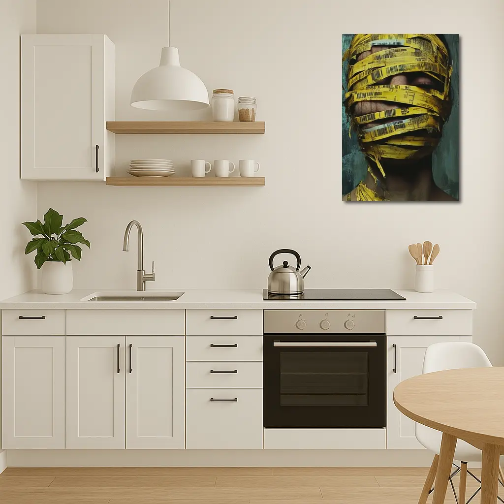 Woman Face Wrapped Yellow Barcode Tape Art – Wall Art