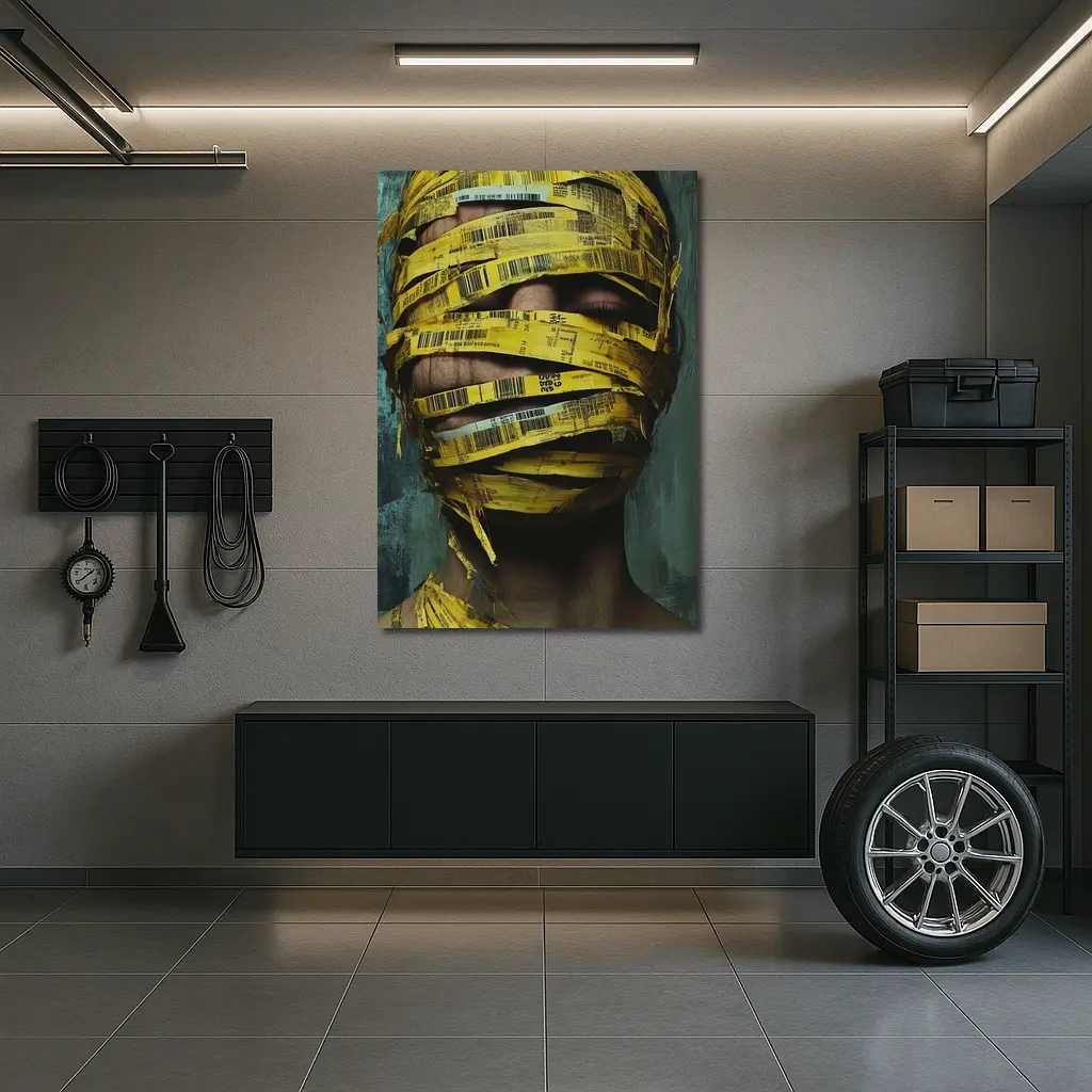 Woman Face Wrapped Yellow Barcode Tape Art – Wall Art