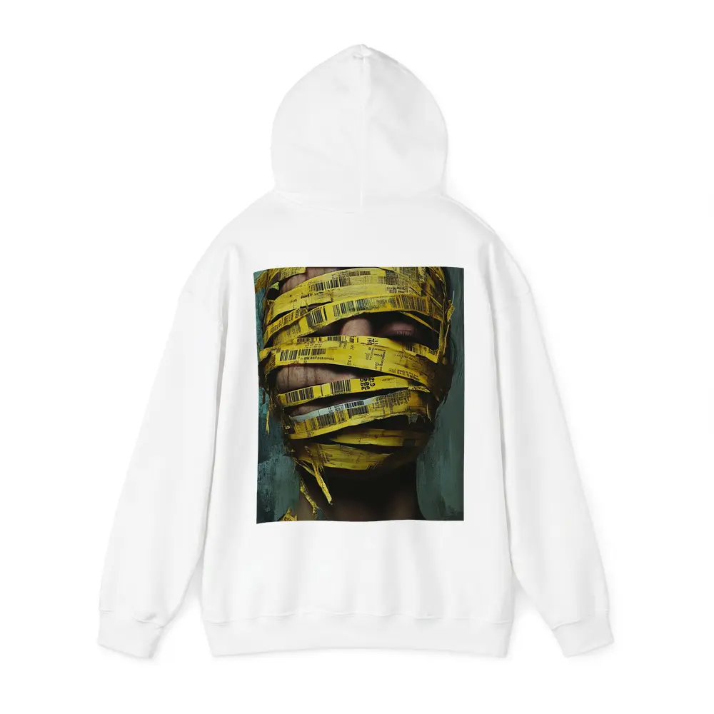 Woman Face Wrapped Yellow Barcode Tape Art – Hoodies