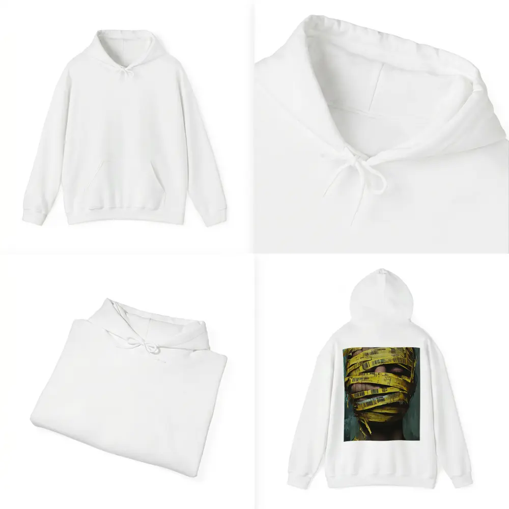 Woman Face Wrapped Yellow Barcode Tape Art – Hoodies