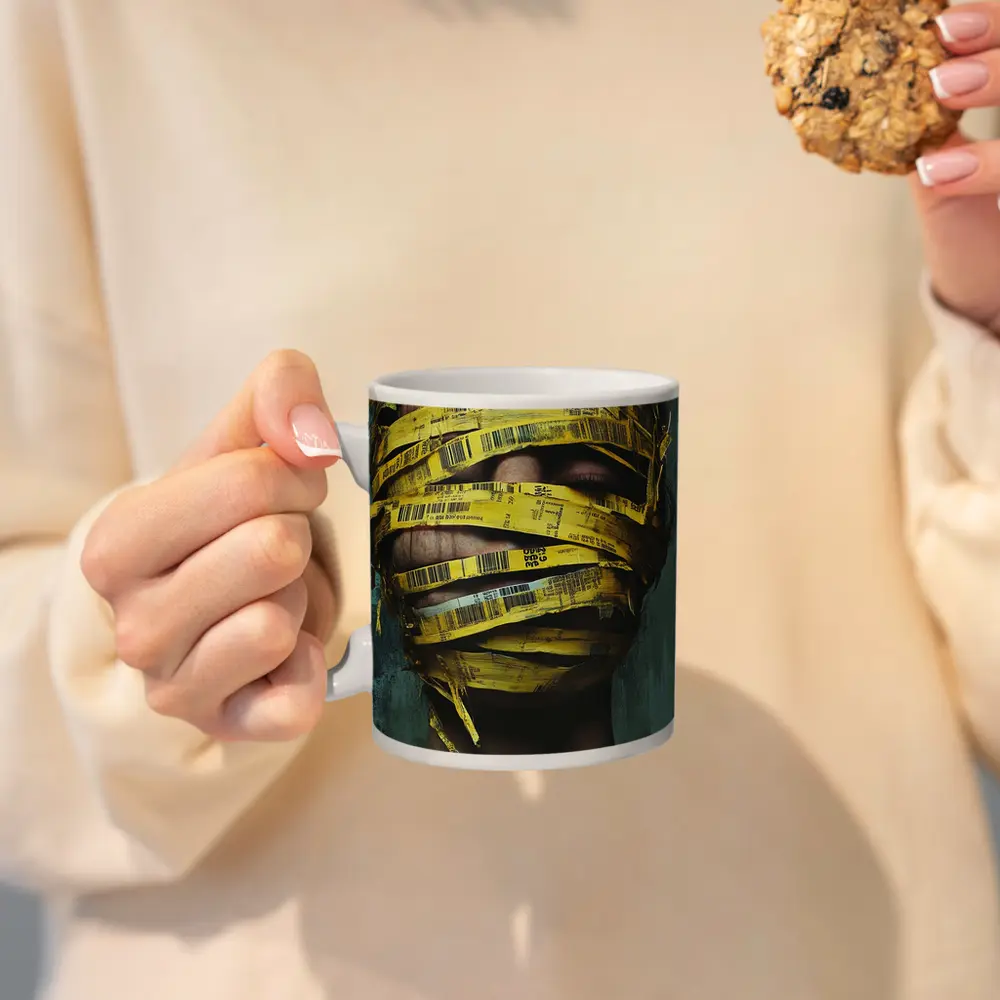 Woman Face Wrapped Yellow Barcode Tape Art – Mugs