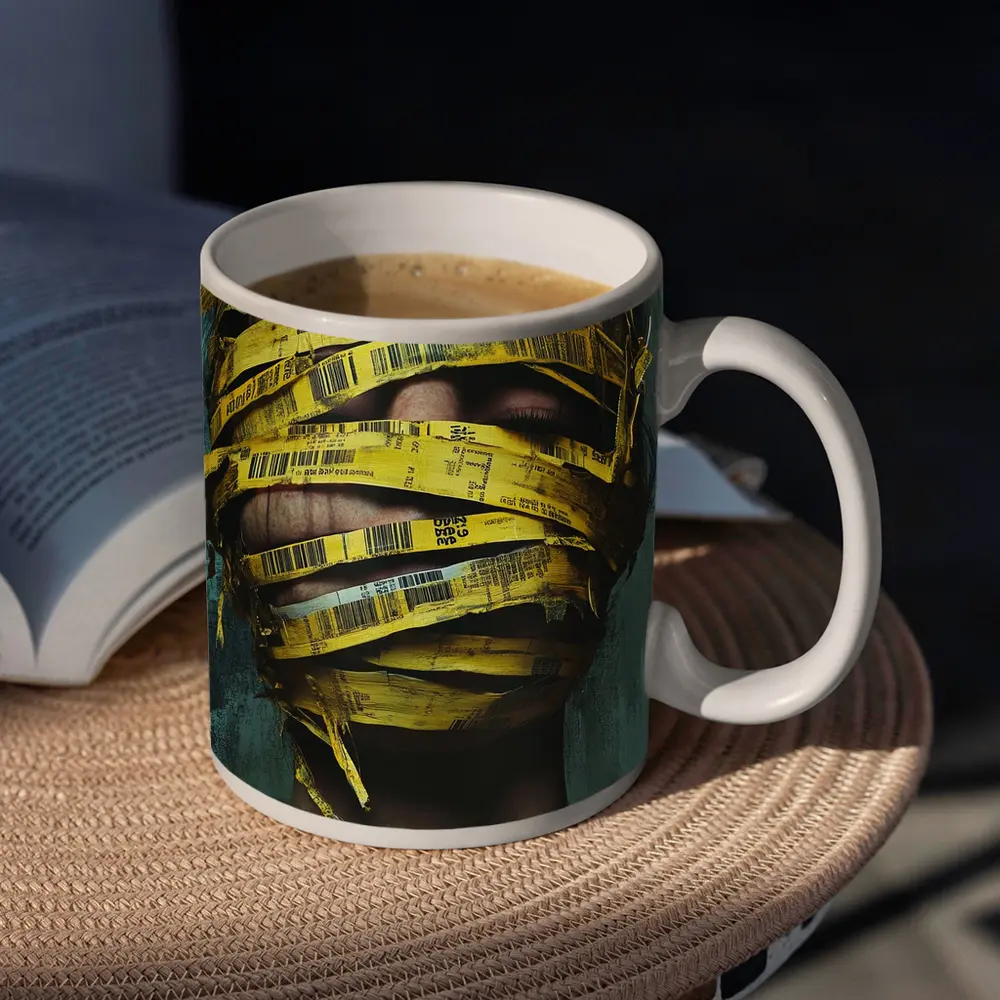 Woman Face Wrapped Yellow Barcode Tape Art – Mugs