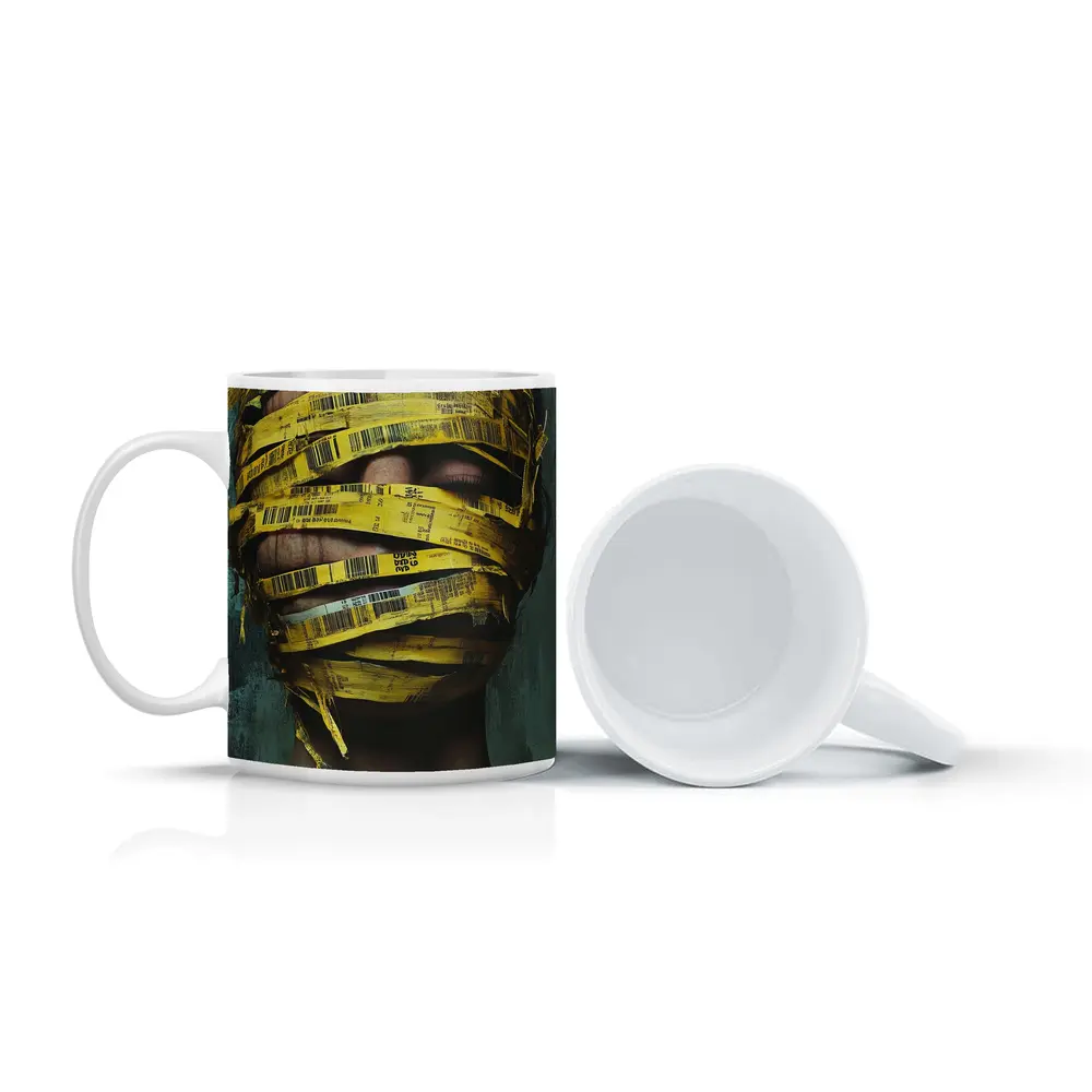 Woman Face Wrapped Yellow Barcode Tape Art – Mugs
