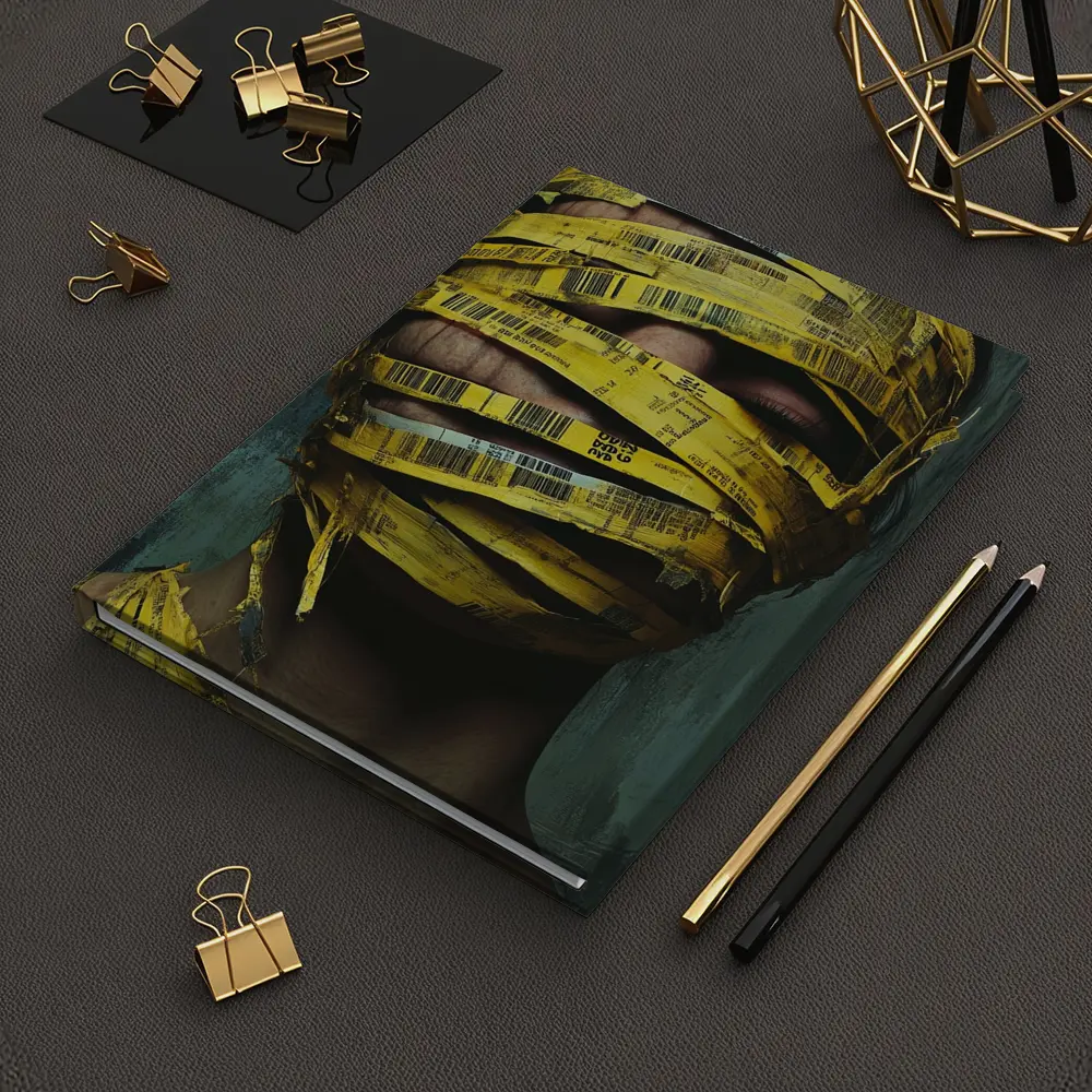 Woman Face Wrapped Yellow Barcode Tape Art – Notebooks