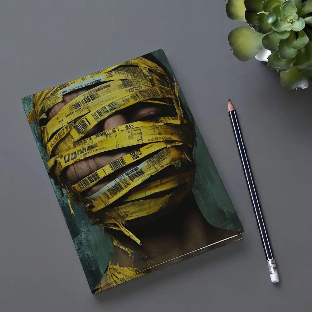 Woman Face Wrapped Yellow Barcode Tape Art – Notebooks