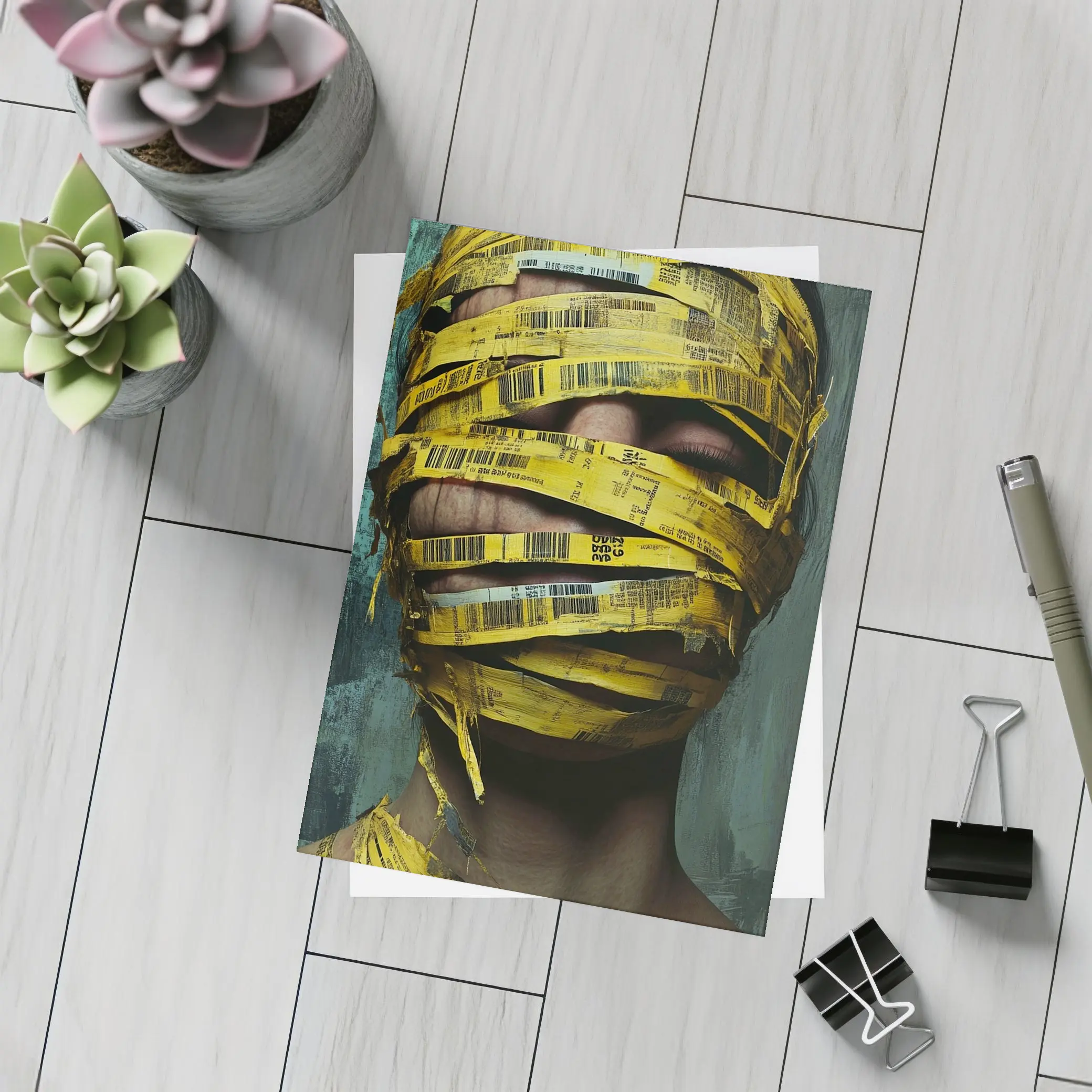 Woman Face Wrapped Yellow Barcode Tape Art – Postcards