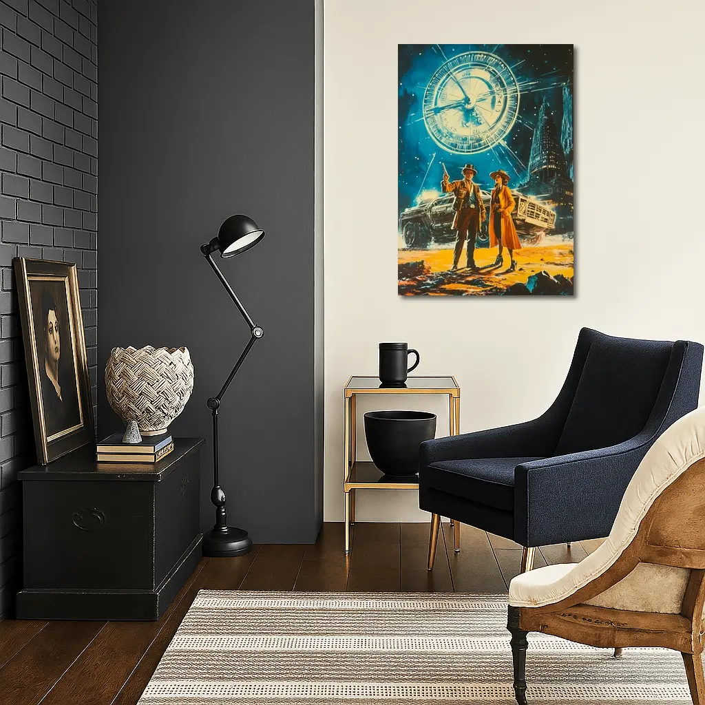 Retro Sci Fi Couple Clock City Night – Wall Art