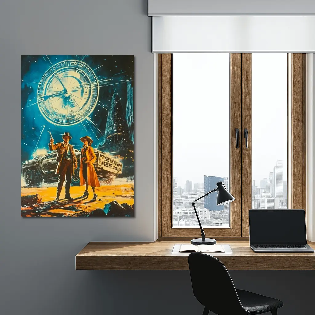 Retro Sci Fi Couple Clock City Night – Wall Art