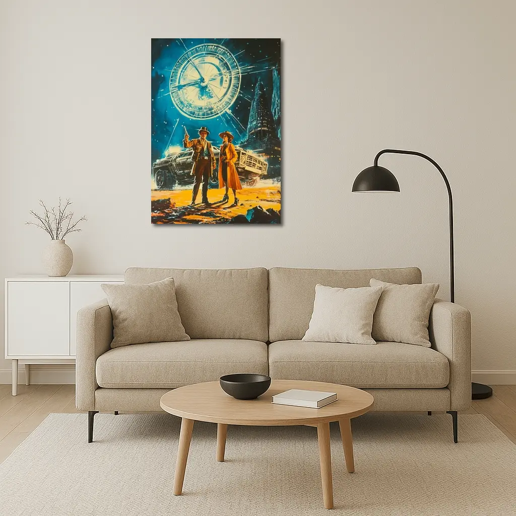 Retro Sci Fi Couple Clock City Night – Wall Art