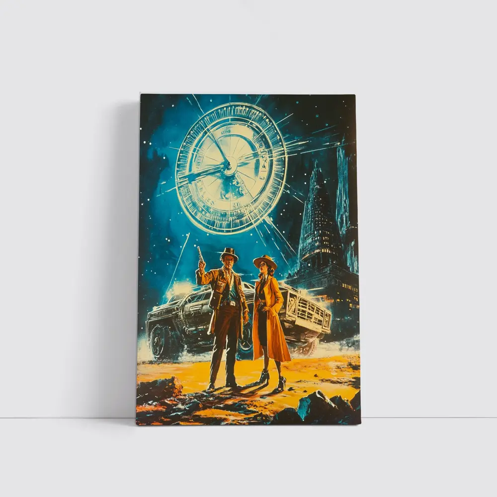 Retro Sci Fi Couple Clock City Night – Wall Art