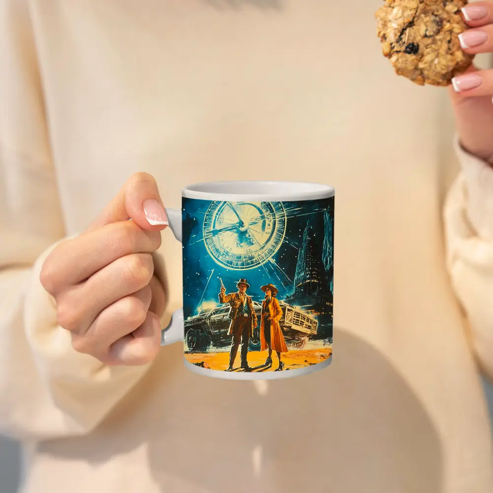 Retro Sci Fi Couple Clock City Night – Mugs