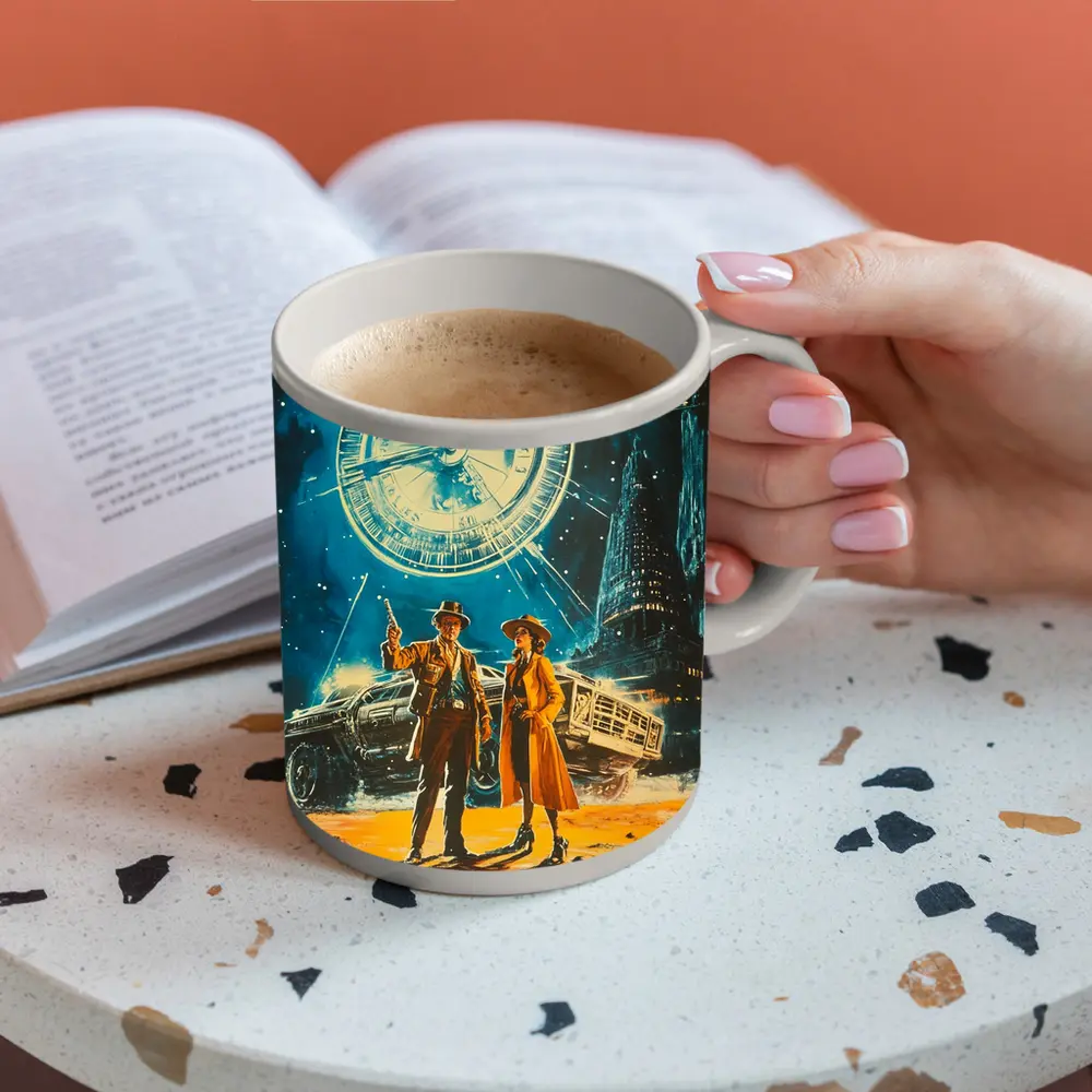 Retro Sci Fi Couple Clock City Night – Mugs