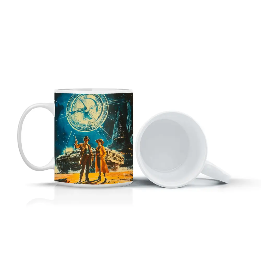 Retro Sci Fi Couple Clock City Night – Mugs