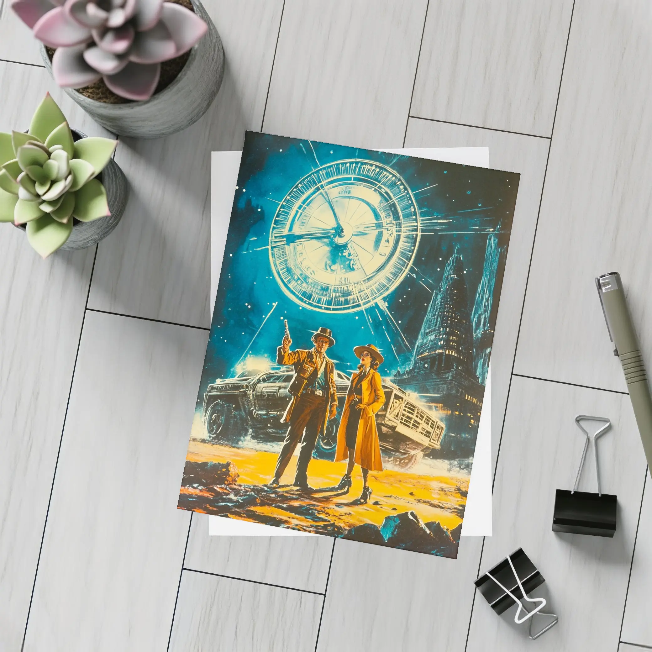 Retro Sci Fi Couple Clock City Night – Postcards