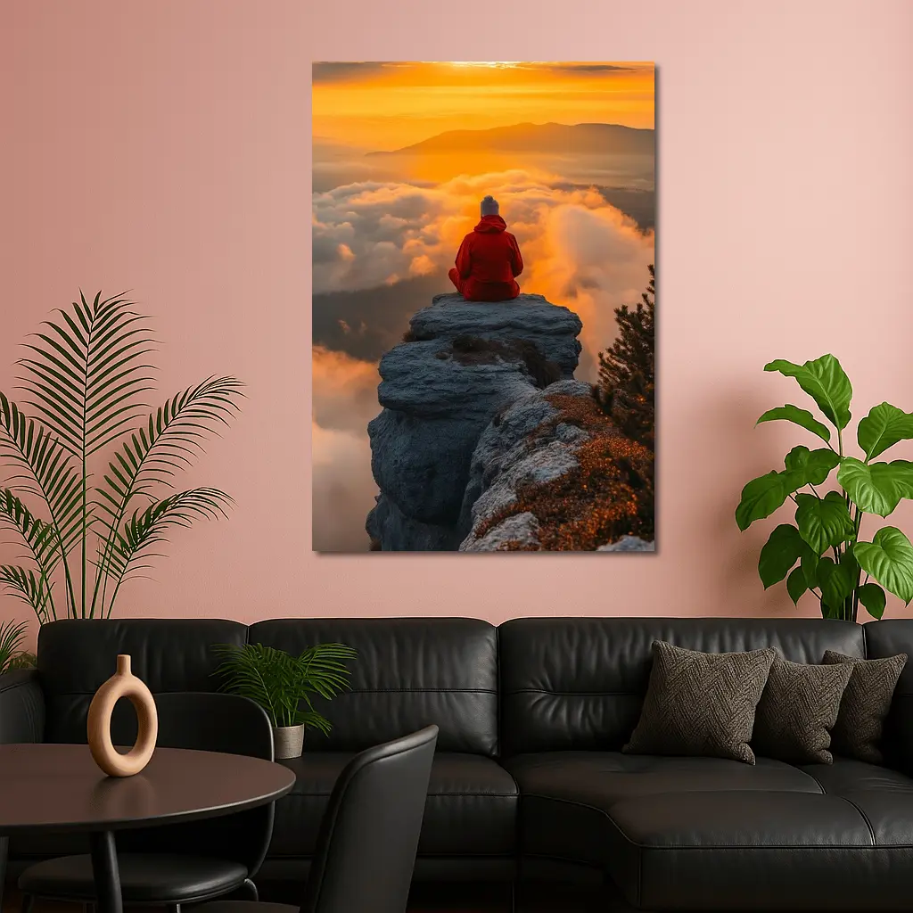 Meditating Person On Rocky Cliff Golden Sunset – Wall Art
