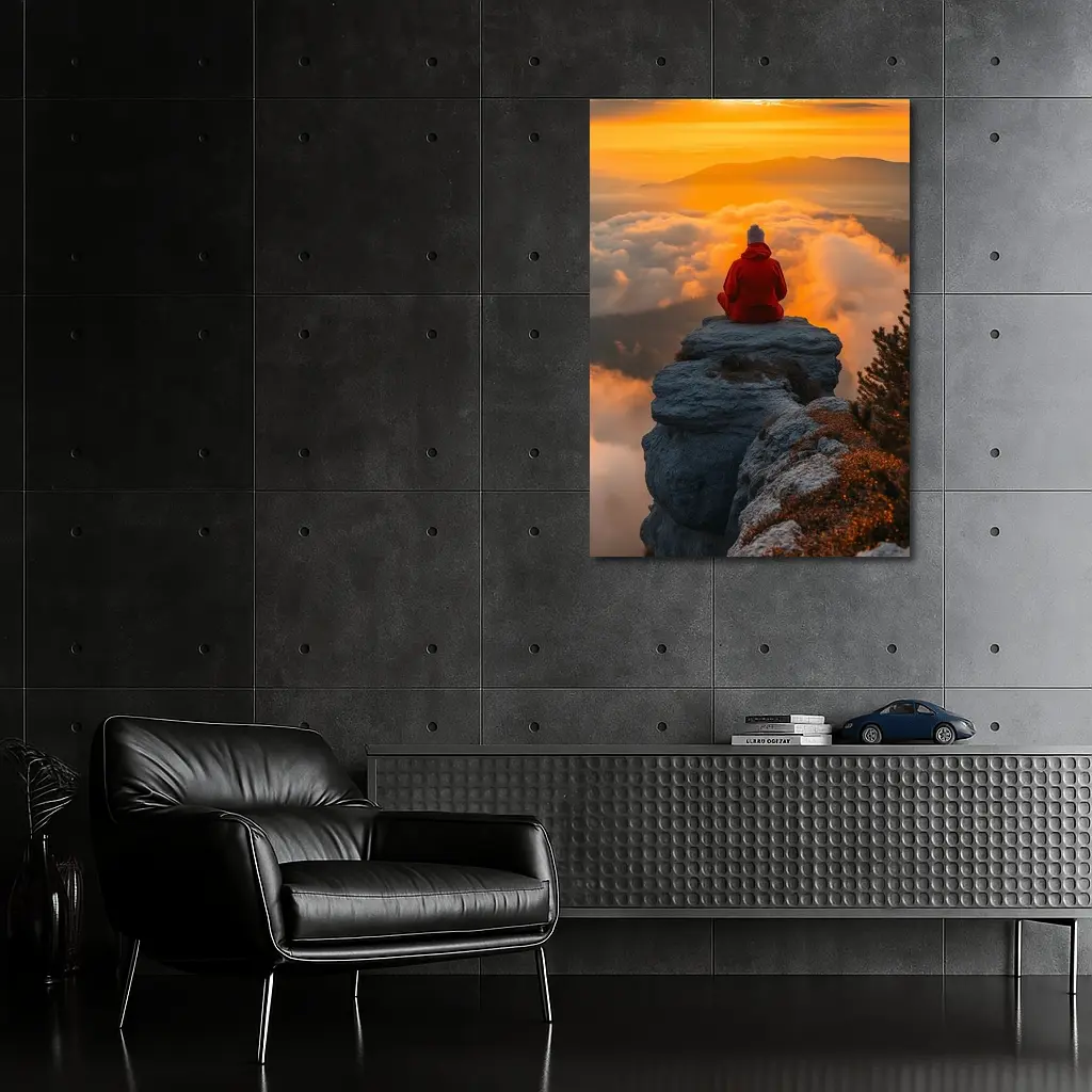 Meditating Person On Rocky Cliff Golden Sunset – Wall Art
