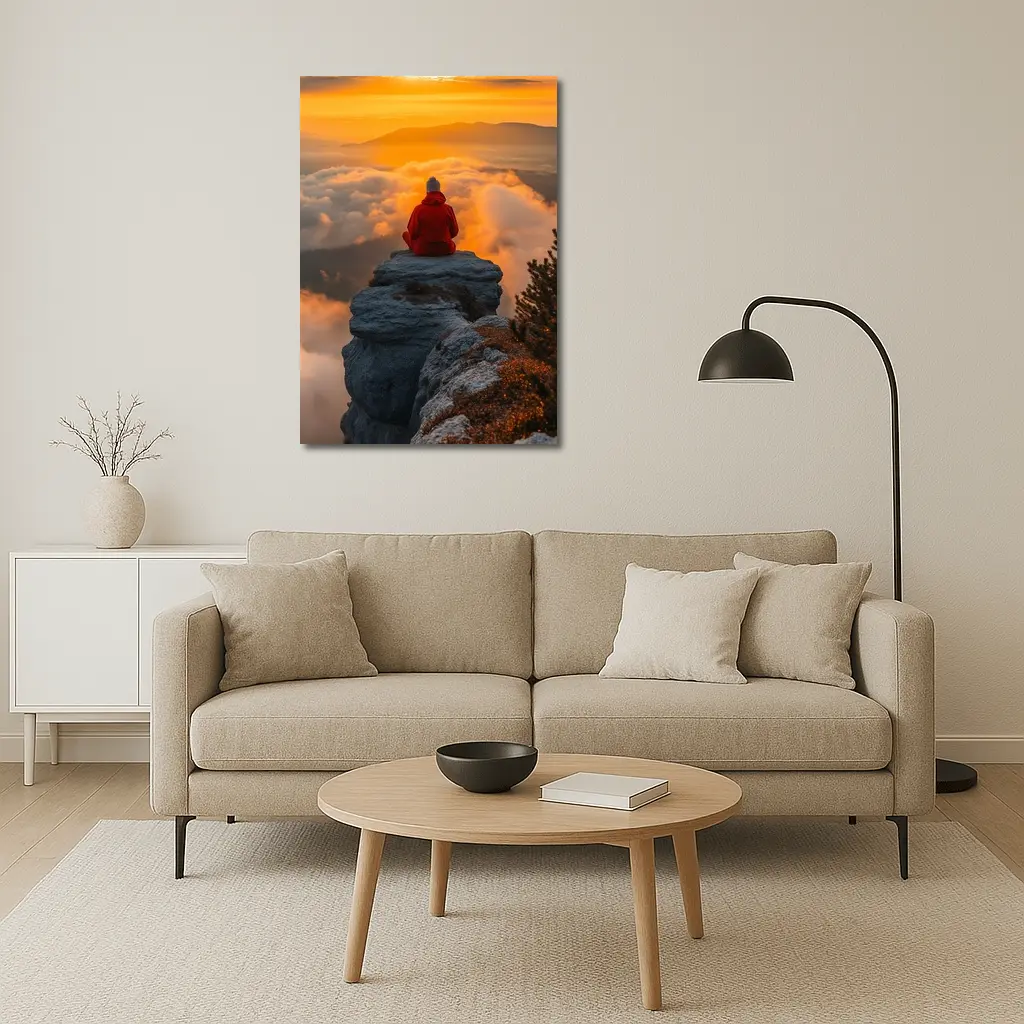 Meditating Person On Rocky Cliff Golden Sunset – Wall Art