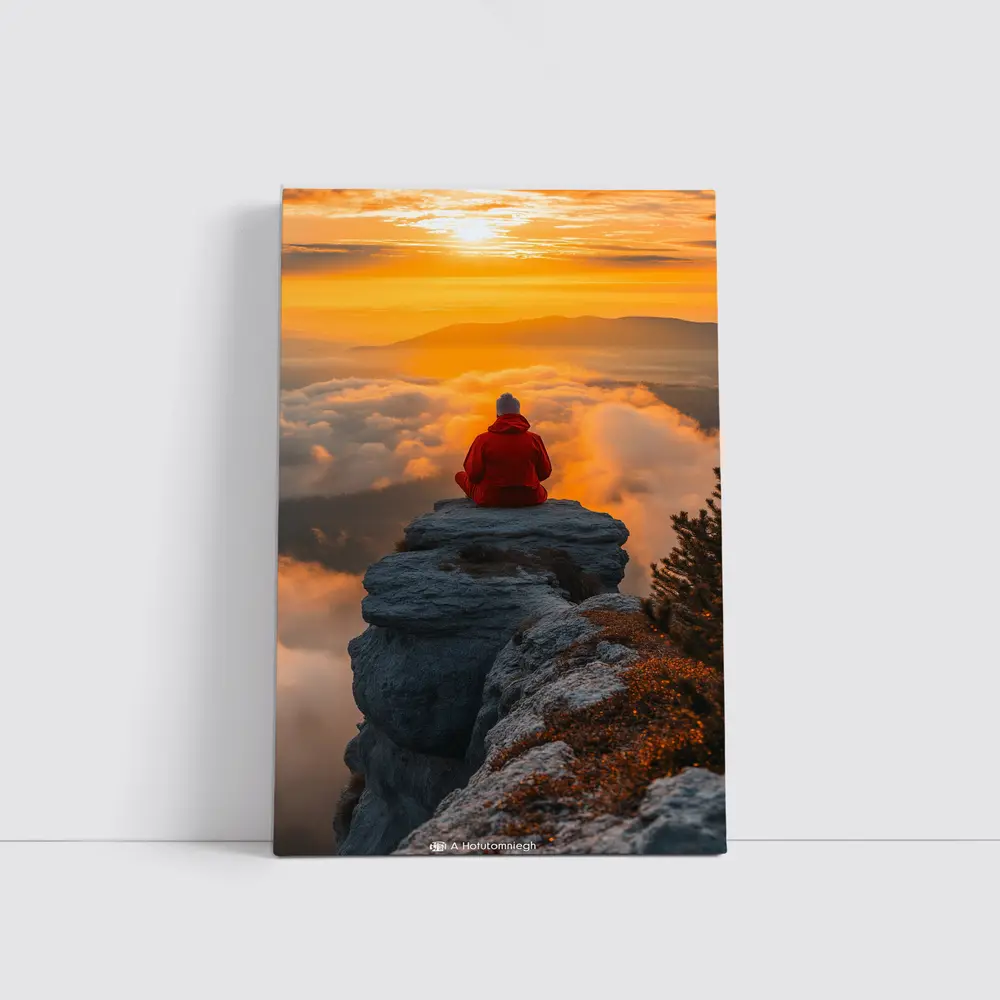 Meditating Person On Rocky Cliff Golden Sunset – Wall Art