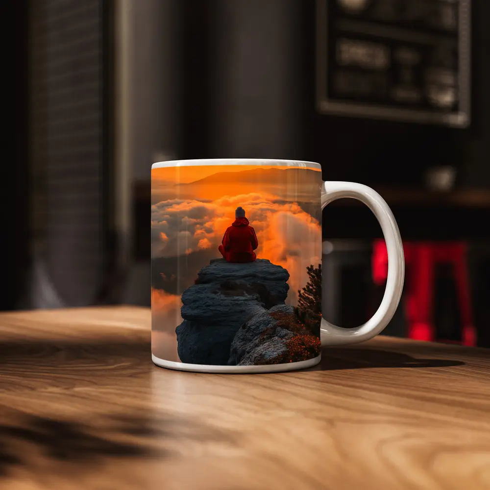 Meditating Person On Rocky Cliff Golden Sunset – Mugs