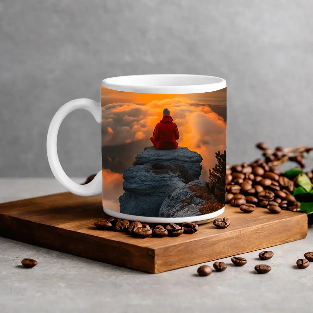 Meditating Person On Rocky Cliff Golden Sunset – Mugs