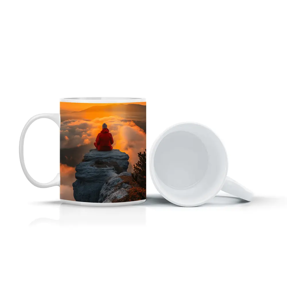 Meditating Person On Rocky Cliff Golden Sunset – Mugs