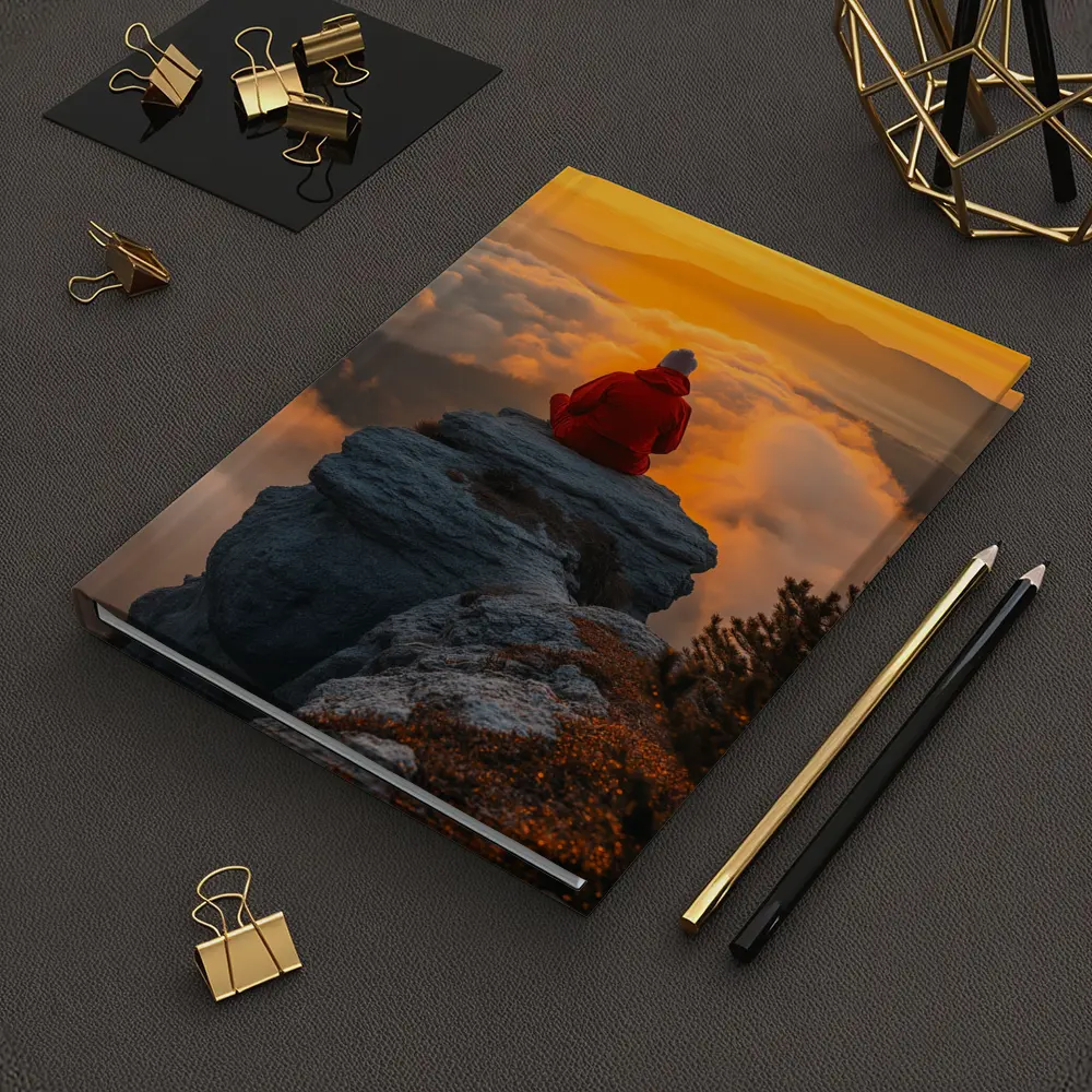 Meditating Person On Rocky Cliff Golden Sunset – Notebooks